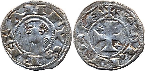 Tipo 30. Dinero toledano de buena t&eacute;cnica con leyenda &ldquo;Tolleta&rdquo;, y con estrellas de cinco puntas en primer y cuarto cuadrante
