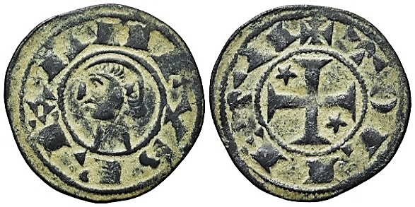 Tipo 30. Dinero toledano de buena t&eacute;cnica con leyenda &ldquo;Tolleta&rdquo;, y con estrellas de cinco puntas en primer y cuarto cuadrante