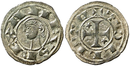 Tipo 30. Dinero toledano de buena t&eacute;cnica con leyenda &ldquo;Tolleta&rdquo;, y con estrellas de cinco puntas en primer y cuarto cuadrante