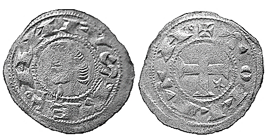 Tipo 30. Dinero toledano de buena t&eacute;cnica con leyenda &ldquo;Tolleta&rdquo;, y con estrellas de cinco puntas en primer y cuarto cuadrante