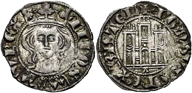 Tipo 5. Dinero Coronado de frente y con gr&aacute;fila del Rey Alfonso de Castilla y Le&oacute;n