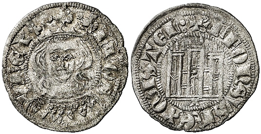 Tipo 5. Dinero Coronado de frente y con gr&aacute;fila del Rey Alfonso de Castilla y Le&oacute;n
