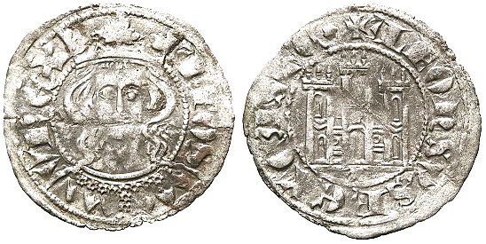 Tipo 5. Dinero Coronado de frente y con gr&aacute;fila del Rey Alfonso de Castilla y Le&oacute;n