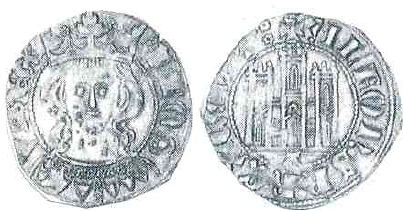 Tipo 5. Dinero Coronado de frente y con gr&aacute;fila del Rey Alfonso de Castilla y Le&oacute;n