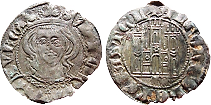 Tipo 5. Dinero Coronado de frente y con gr&aacute;fila del Rey Alfonso de Castilla y Le&oacute;n