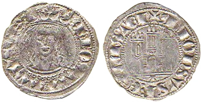 Tipo 5. Dinero Coronado de frente y con gr&aacute;fila del Rey Alfonso de Castilla y Le&oacute;n