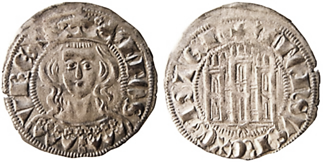 Tipo 5. Dinero Coronado de frente y con gr&aacute;fila del Rey Alfonso de Castilla y Le&oacute;n