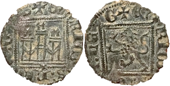 Tipo 2. &ldquo;Dinero llano&rdquo; del Ordenamiento de Cuenca, con Castillo y Le&oacute;n sin coronar en orla cuadrada