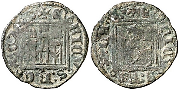 Tipo 2. &ldquo;Dinero llano&rdquo; del Ordenamiento de Cuenca, con Castillo y Le&oacute;n sin coronar en orla cuadrada