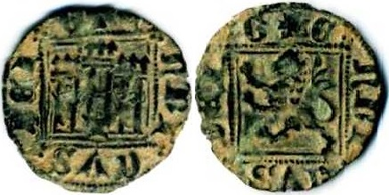 Tipo 2. &ldquo;Dinero llano&rdquo; del Ordenamiento de Cuenca, con Castillo y Le&oacute;n sin coronar en orla cuadrada