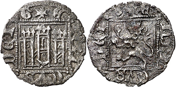 Tipo 2. &ldquo;Dinero llano&rdquo; del Ordenamiento de Cuenca, con Castillo y Le&oacute;n sin coronar en orla cuadrada