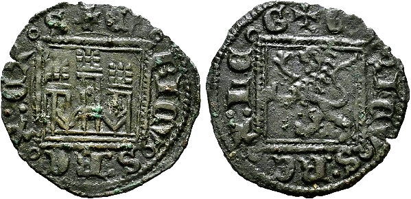 Tipo 2. &ldquo;Dinero llano&rdquo; del Ordenamiento de Cuenca, con Castillo y Le&oacute;n sin coronar en orla cuadrada