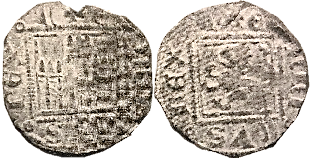 Tipo 2. &ldquo;Dinero llano&rdquo; del Ordenamiento de Cuenca, con Castillo y Le&oacute;n sin coronar en orla cuadrada
