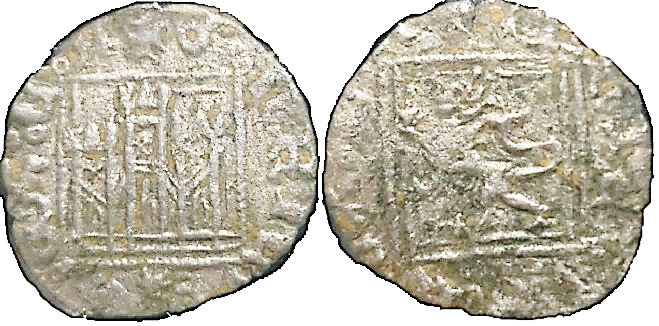 Tipo 2. &ldquo;Dinero llano&rdquo; del Ordenamiento de Cuenca, con Castillo y Le&oacute;n sin coronar en orla cuadrada