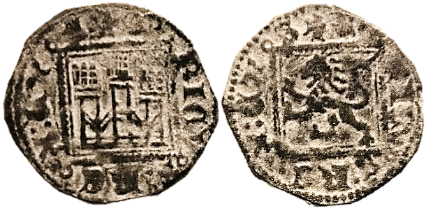 Tipo 2. &ldquo;Dinero llano&rdquo; del Ordenamiento de Cuenca, con Castillo y Le&oacute;n sin coronar en orla cuadrada
