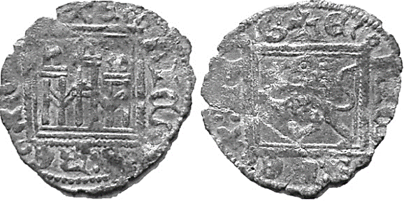 Tipo 2. &ldquo;Dinero llano&rdquo; del Ordenamiento de Cuenca, con Castillo y Le&oacute;n sin coronar en orla cuadrada