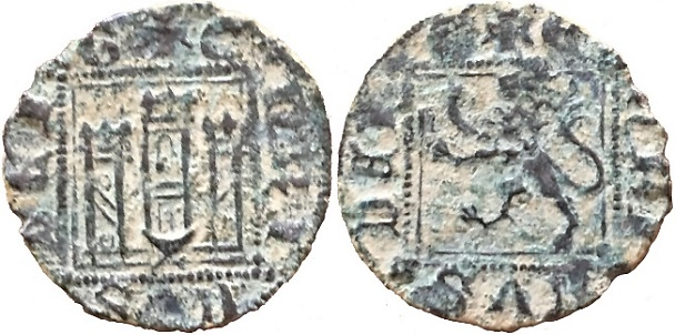 Tipo 2. &ldquo;Dinero llano&rdquo; del Ordenamiento de Cuenca, con Castillo y Le&oacute;n sin coronar en orla cuadrada