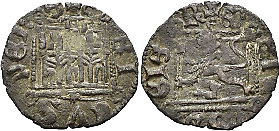 Tipo 2. &ldquo;Dinero llano&rdquo; del Ordenamiento de Cuenca, con Castillo y Le&oacute;n sin coronar en orla cuadrada