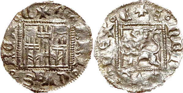 Tipo 2. &ldquo;Dinero llano&rdquo; del Ordenamiento de Cuenca, con Castillo y Le&oacute;n sin coronar en orla cuadrada