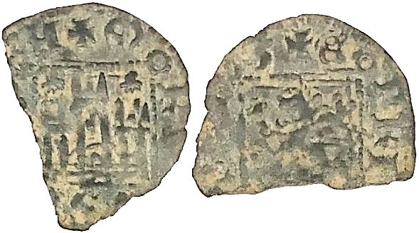 Tipo 2. &ldquo;Dinero llano&rdquo; del Ordenamiento de Cuenca, con Castillo y Le&oacute;n sin coronar en orla cuadrada