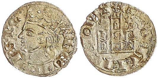 Tipo 2. Dinero Coronado de perfil y sin gráfilas, del Rey Alfonso de Castilla y León
