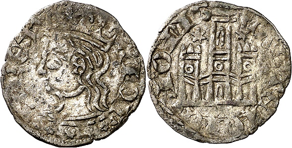 Tipo 2. Dinero Coronado de perfil y sin gráfilas, del Rey Alfonso de Castilla y León