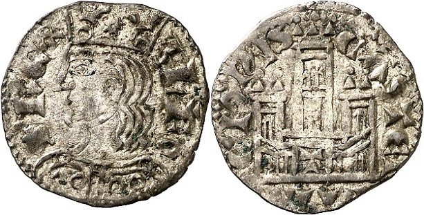 Tipo 2. Dinero Coronado de perfil y sin gráfilas, del Rey Alfonso de Castilla y León