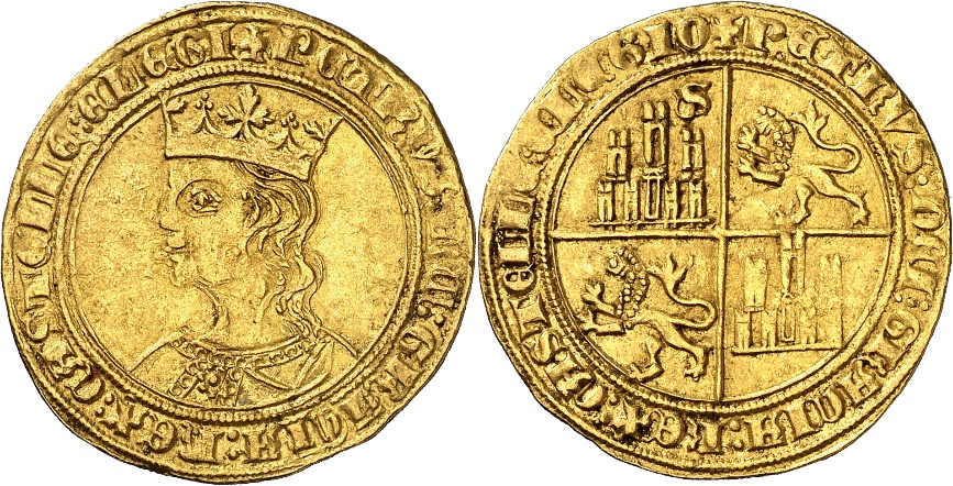 Tipo 10. Dobla de oro con el busto del Rey Pedro I de a 35 maravedís