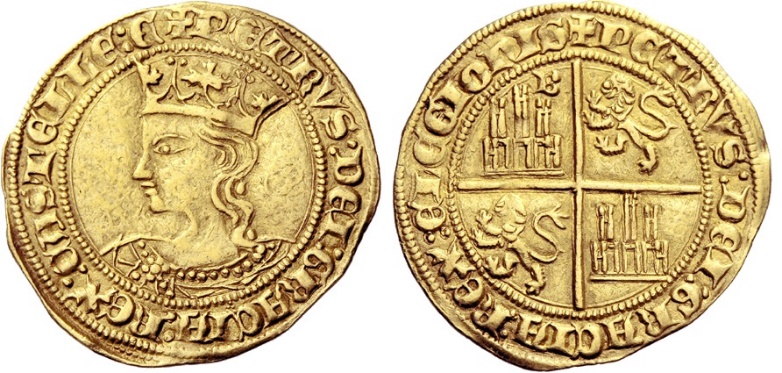 Tipo 10. Dobla de oro con el busto del Rey Pedro I de a 35 maravedís