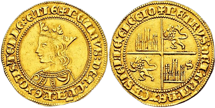 Tipo 10. Dobla de oro con el busto del Rey Pedro I de a 35 maravedís