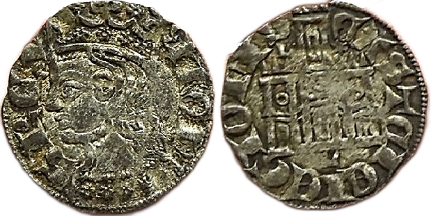 Tipo 2. Dinero Coronado de perfil y sin gráfilas, del Rey Alfonso de Castilla y León