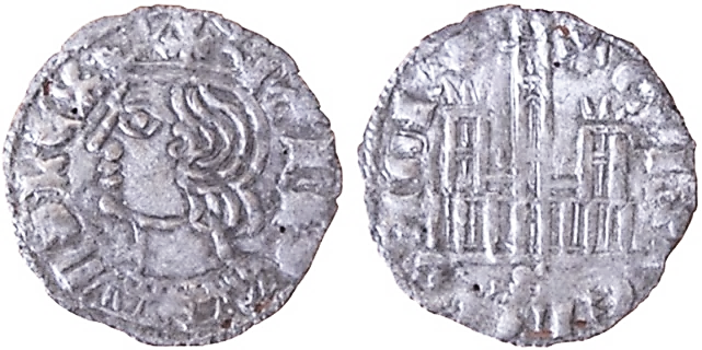 Tipo 2. Dinero Coronado de perfil y sin gráfilas, del Rey Alfonso de Castilla y León