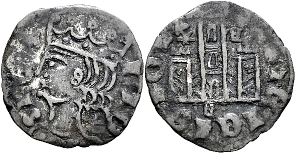 Tipo 2. Dinero Coronado de perfil y sin gráfilas, del Rey Alfonso de Castilla y León