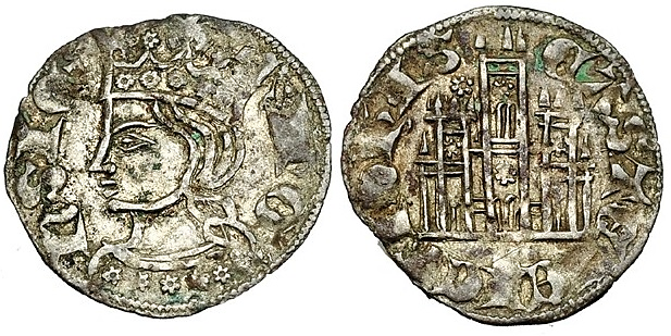 Tipo 2. Dinero Coronado de perfil y sin gráfilas, del Rey Alfonso de Castilla y León
