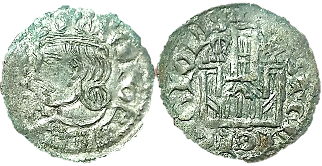 Tipo 2. Dinero Coronado de perfil y sin gráfilas, del Rey Alfonso de Castilla y León