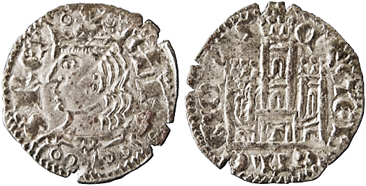 Tipo 2. Dinero Coronado de perfil y sin gráfilas, del Rey Alfonso de Castilla y León