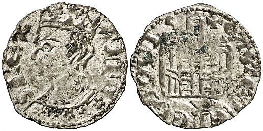 Tipo 2. Dinero Coronado de perfil y sin gráfilas, del Rey Alfonso de Castilla y León