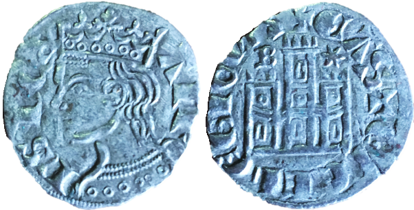 Tipo 2. Dinero Coronado de perfil y sin gráfilas, del Rey Alfonso de Castilla y León