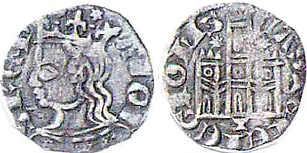 Tipo 2. Dinero Coronado de perfil y sin gráfilas, del Rey Alfonso de Castilla y León