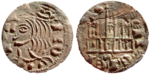 Tipo 2. Dinero Coronado de perfil y sin gráfilas, del Rey Alfonso de Castilla y León