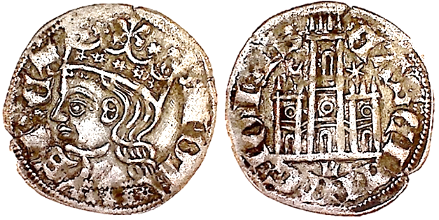 Tipo 2. Dinero Coronado de perfil y sin gráfilas, del Rey Alfonso de Castilla y León