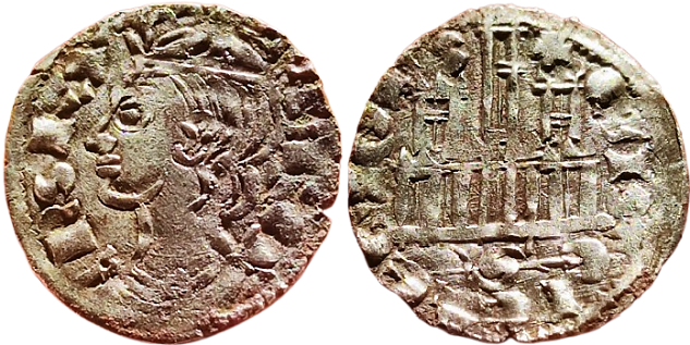 Tipo 2. Dinero Coronado de perfil y sin gráfilas, del Rey Alfonso de Castilla y León
