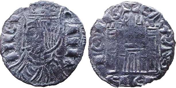 Tipo 2. Dinero Coronado de perfil y sin gráfilas, del Rey Alfonso de Castilla y León