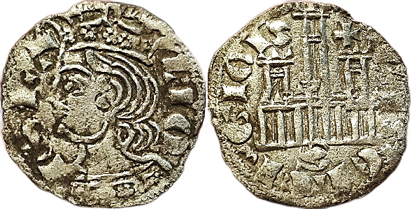 Tipo 2. Dinero Coronado de perfil y sin gráfilas, del Rey Alfonso de Castilla y León