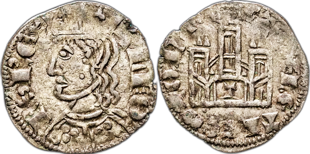Tipo 2. Dinero Coronado de perfil y sin gráfilas, del Rey Alfonso de Castilla y León