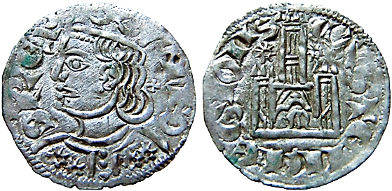 Tipo 2. Dinero Coronado de perfil y sin gráfilas, del Rey Alfonso de Castilla y León