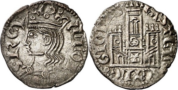 Tipo 2. Dinero Coronado de perfil y sin gráfilas, del Rey Alfonso de Castilla y León