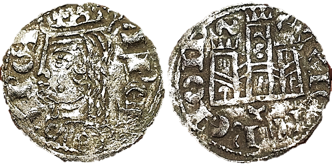 Tipo 2. Dinero Coronado de perfil y sin gráfilas, del Rey Alfonso de Castilla y León