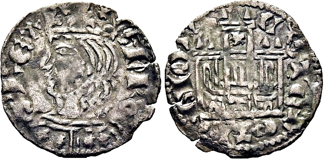 Tipo 2. Dinero Coronado de perfil y sin gráfilas, del Rey Alfonso de Castilla y León