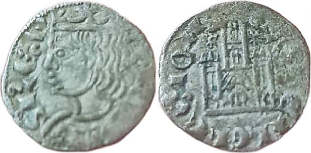 Tipo 2. Dinero Coronado de perfil y sin gráfilas, del Rey Alfonso de Castilla y León